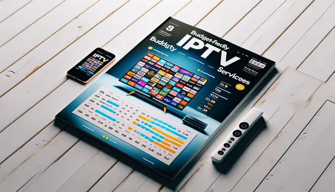 alt_text: A magazine cover comparing budget-friendly IPTV services, featuring a smart TV with a channel grid and a tablet showing rankings.