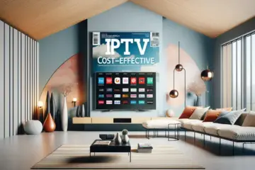 alt_text: A magazine cover comparing budget-friendly IPTV services, featuring a smart TV with streaming logos in a modern living room.