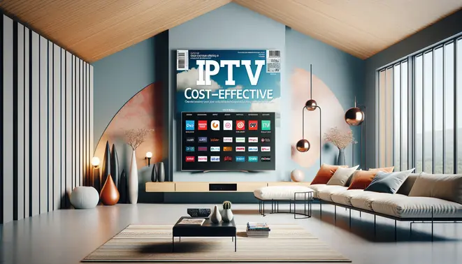alt_text: A magazine cover comparing budget-friendly IPTV services, featuring a smart TV with streaming logos in a modern living room.