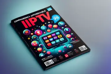 A modern magazine cover comparing affordable IPTV services, featuring a smart TV with app icons and a price tag.