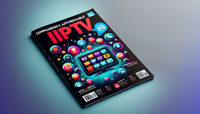 A modern magazine cover comparing affordable IPTV services, featuring a smart TV with app icons and a price tag.