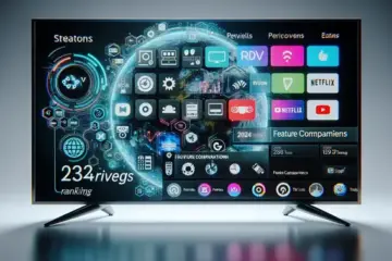 alt_text: A modern smart TV displays various streaming app icons, with text overlays like "2024 Providers Ranking" and "Feature Comparison."