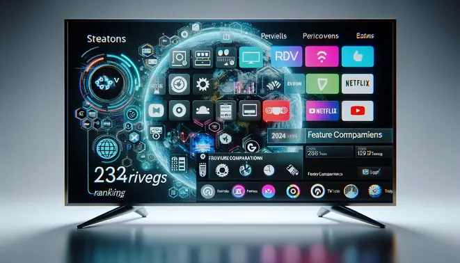 alt_text: A modern smart TV displays various streaming app icons, with text overlays like "2024 Providers Ranking" and "Feature Comparison."