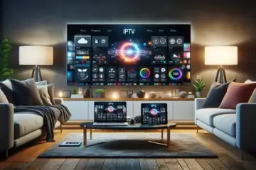 alt_text: A modern living room with a large TV displaying IPTV app icons. A laptop and tablet on a table show comparison charts for a buyer's guide.