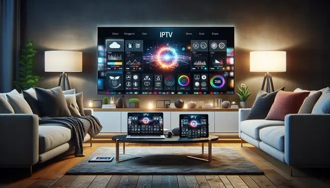 alt_text: A modern living room with a large TV displaying IPTV app icons. A laptop and tablet on a table show comparison charts for a buyer's guide.