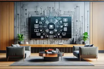 alt_text: A modern living room with a large TV displaying IPTV logos, comparing top streaming services for a guide.