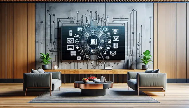 alt_text: A modern living room with a large TV displaying IPTV logos, comparing top streaming services for a guide.