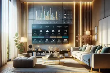 alt_text: A modern living room with a smart TV displaying streaming icons. The scene includes comparison charts for premium IPTV services.