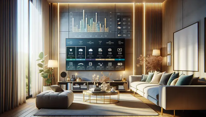 alt_text: A modern living room with a smart TV displaying streaming icons. The scene includes comparison charts for premium IPTV services.