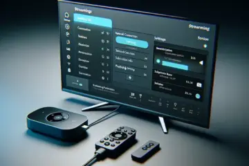 alt_text: A Firestick connected to a TV displays IPTV app settings, with the remote nearby, for a tutorial guide.