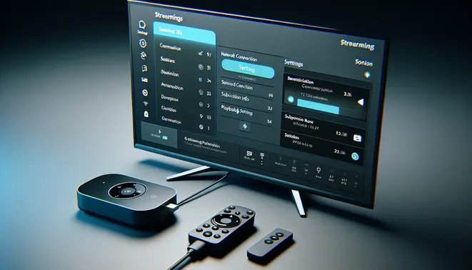 alt_text: A Firestick connected to a TV displays IPTV app settings, with the remote nearby, for a tutorial guide.