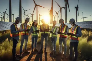alt_text: A diverse team of engineers in a green energy field, reviewing data on tablets at sunrise.