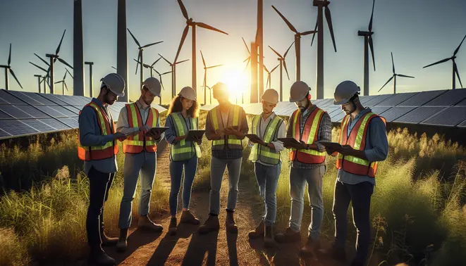 alt_text: A diverse team of engineers in a green energy field, reviewing data on tablets at sunrise.