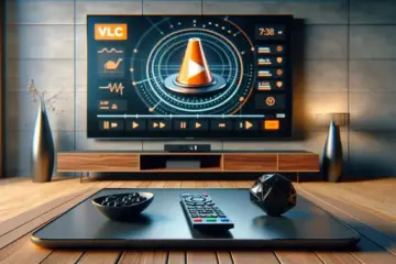 alt_text: A modern living room with a large TV showing the VLC IPTV interface, a remote, and a smartphone on a coffee table.