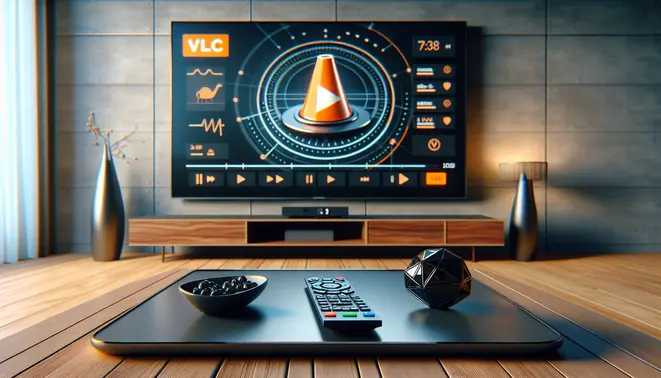 alt_text: A modern living room with a large TV showing the VLC IPTV interface, a remote, and a smartphone on a coffee table.