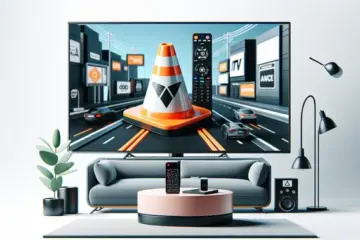 alt_text: A modern living room with a TV showing the VLC logo, a smartphone, and a remote, illustrating a guide for IPTV app reviews.
