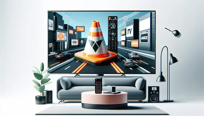 alt_text: A modern living room with a TV showing the VLC logo, a smartphone, and a remote, illustrating a guide for IPTV app reviews.