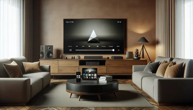 alt_text: A modern living room with a large TV showing the VLC player interface, surrounded by tech gadgets like a laptop and smartphone.