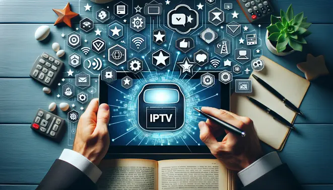 alt_text: A modern tablet displays the XCIPTV app interface, surrounded by streaming icons, star ratings, and a guidebook motif.