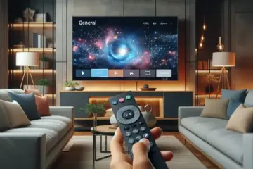 alt_text: A modern living room with a large smart TV displaying the Xciptv app interface, a hand holding a remote.