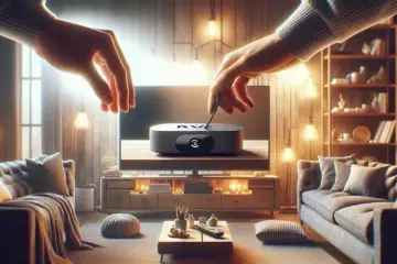 alt_text: Hands connecting a Roku to a TV in a cozy living room, showing the setup is simple and ready for streaming.