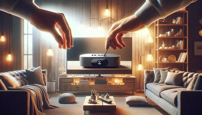 alt_text: Hands connecting a Roku to a TV in a cozy living room, showing the setup is simple and ready for streaming.