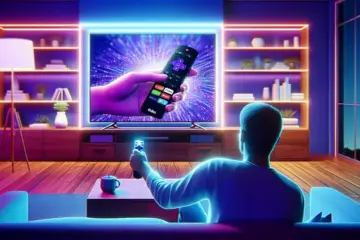 alt_text: A person in a modern living room uses a Roku remote to set up their streaming device on a TV.