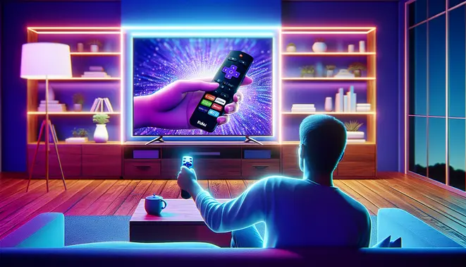 alt_text: A person in a modern living room uses a Roku remote to set up their streaming device on a TV.